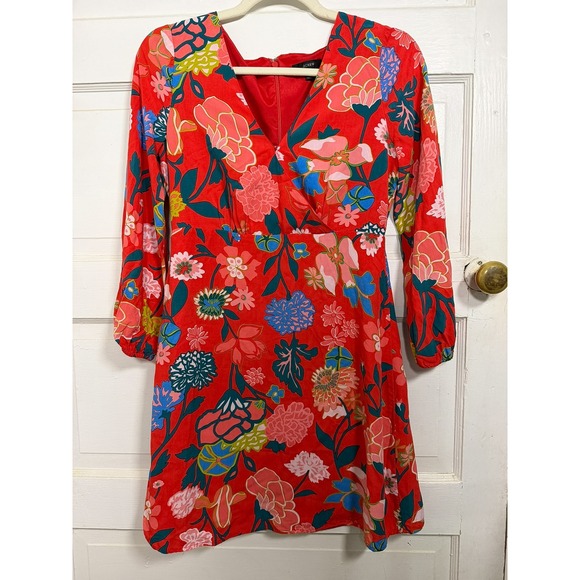 J.Crew Dresses & Skirts - J.Crew Red Floral Faux Wrap Mini Dress Long Sleeve V-Neck Size 0